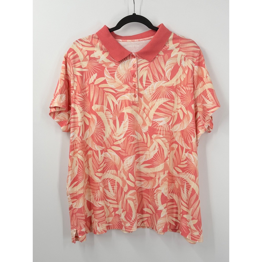 Lands End Polo Shirt Womens sz 3X Tropical Vacation Resortwear Coral Palm Leaf